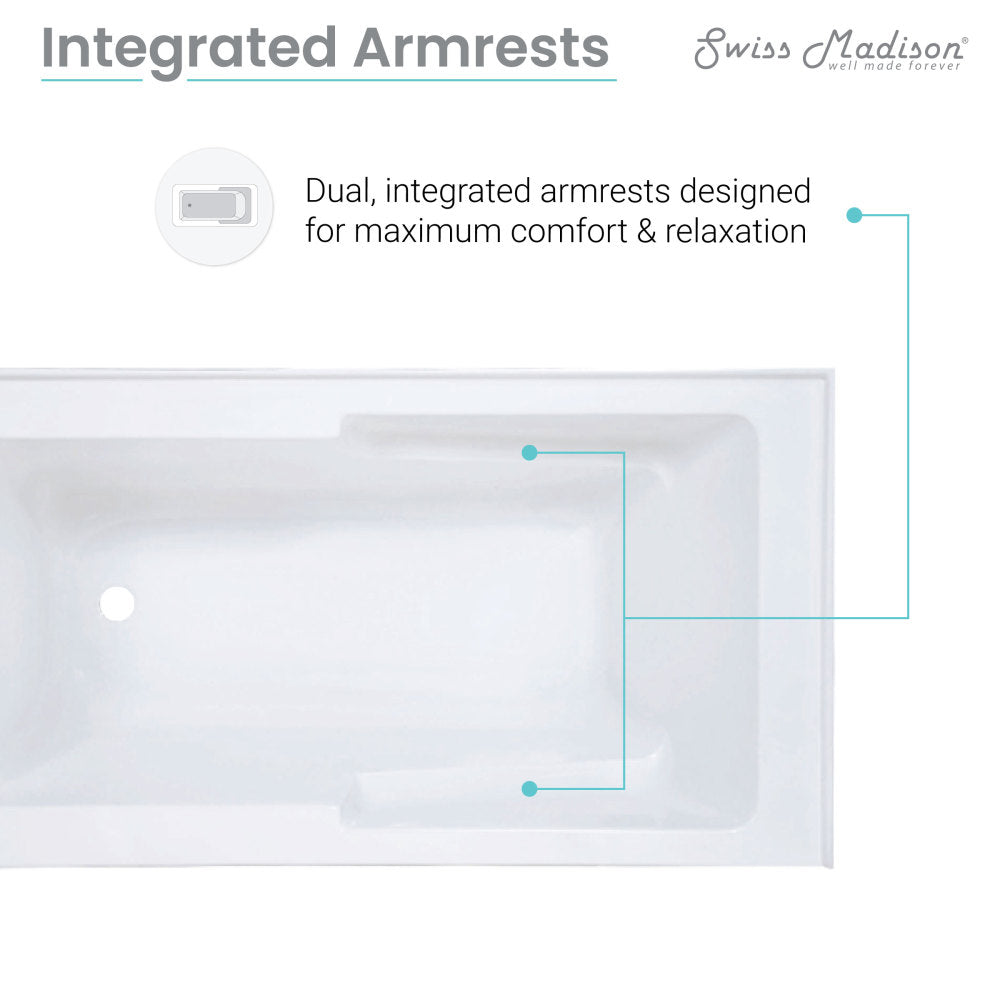 Alcove skirted bathtub 60 inch, left-hand drain, apron front, integrated armrests.