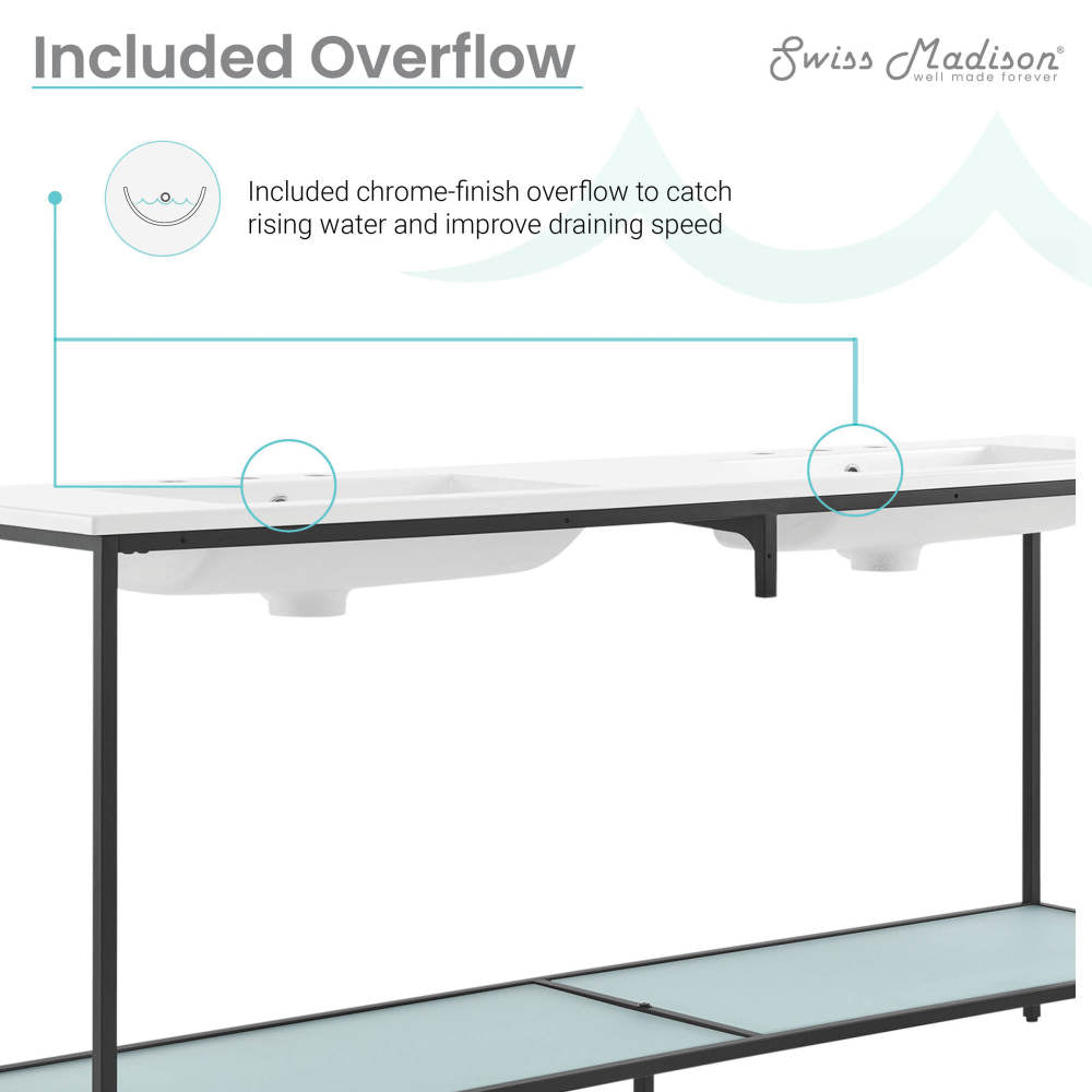 72-inch freestanding bathroom vanity with open shelf, matte black metal frame.