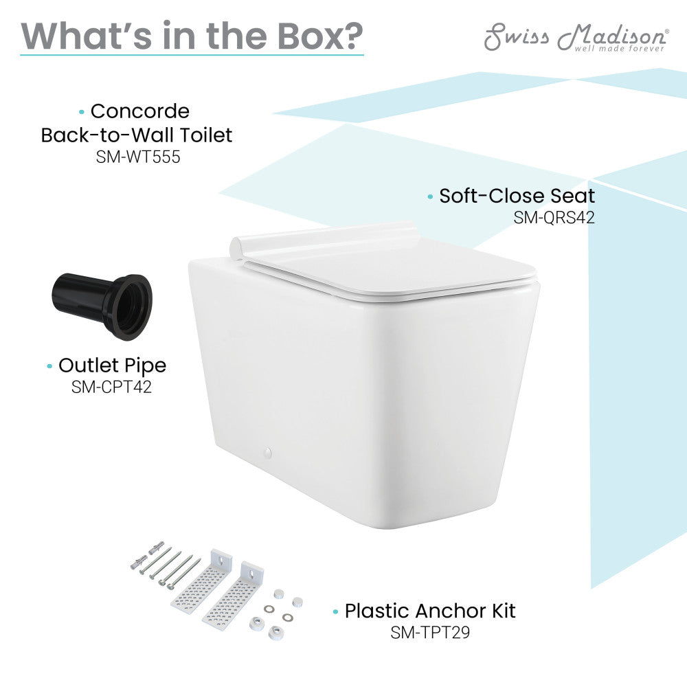 Square back-to-wall toilet bowl with soft-close seat and compact design.
