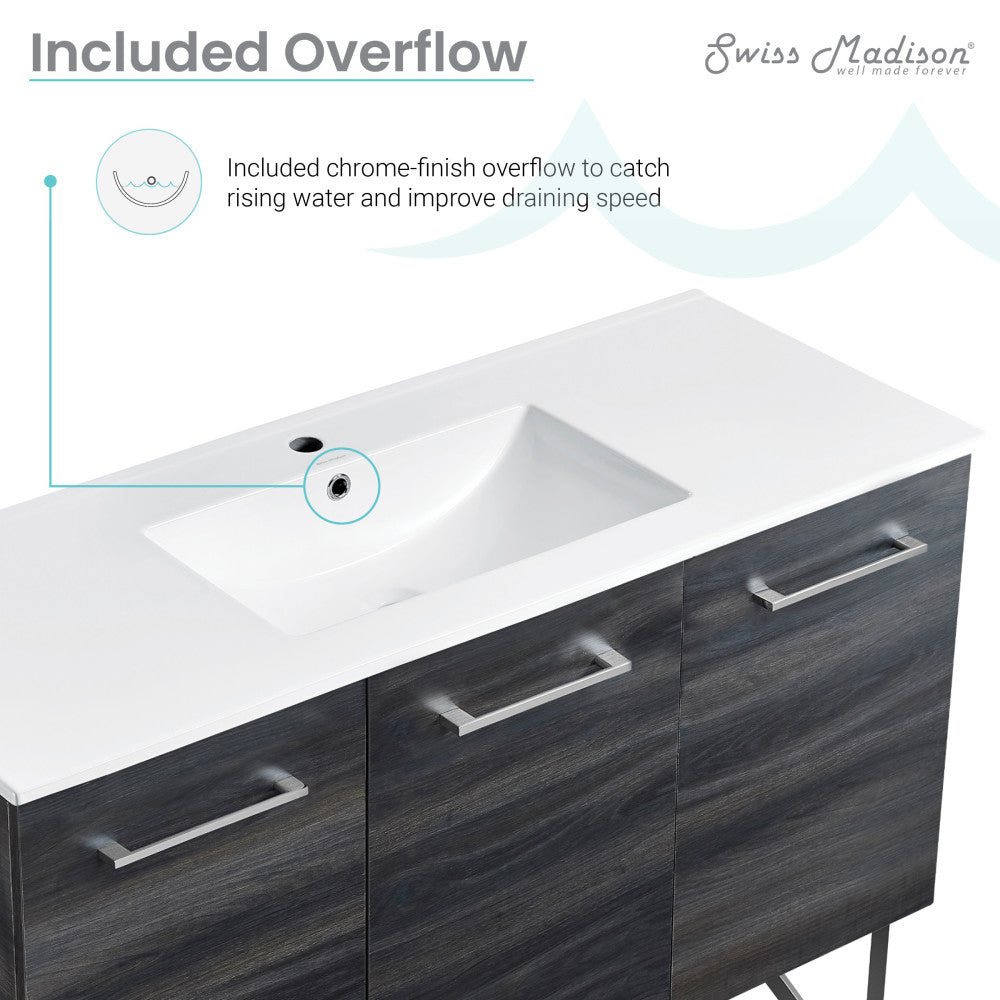 48-inch freestanding bathroom vanity in black walnut with single integrated sink and chrome handles.