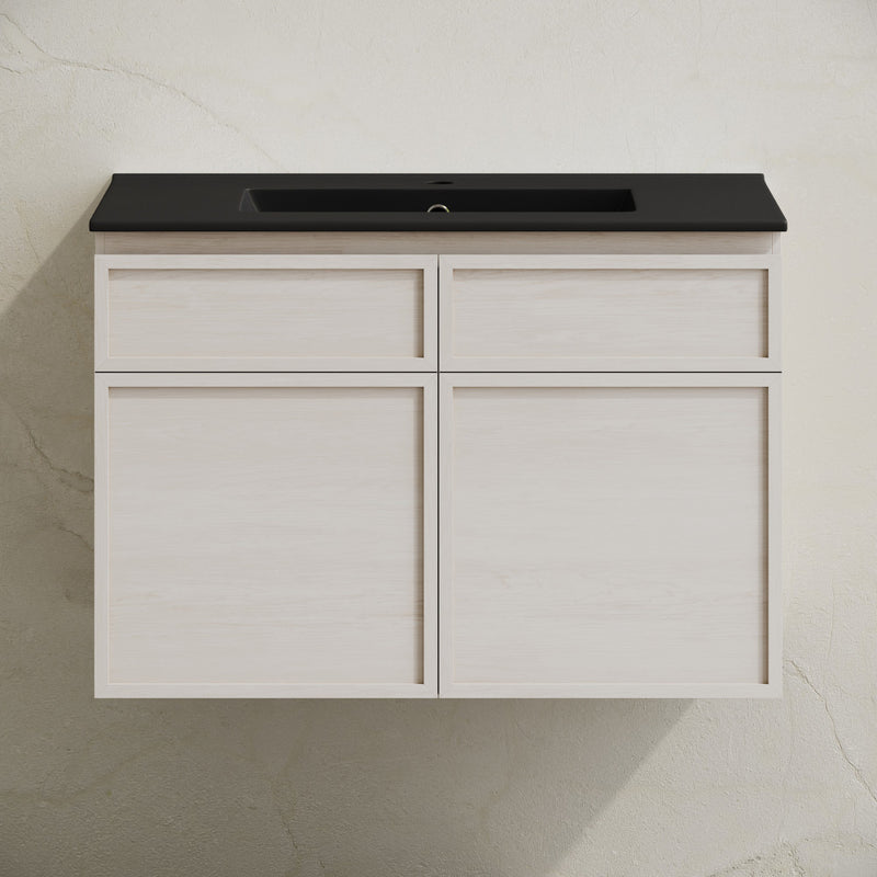 St. Tropez 30" Wall-Mounted Bathroom Vanity in White Oak with Black Sink Top