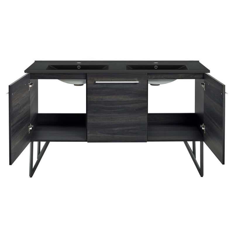 Annecy 60 in. Black Walnut, Double Basin Bathroom Vanity With Black Artificial Stone Sink Top