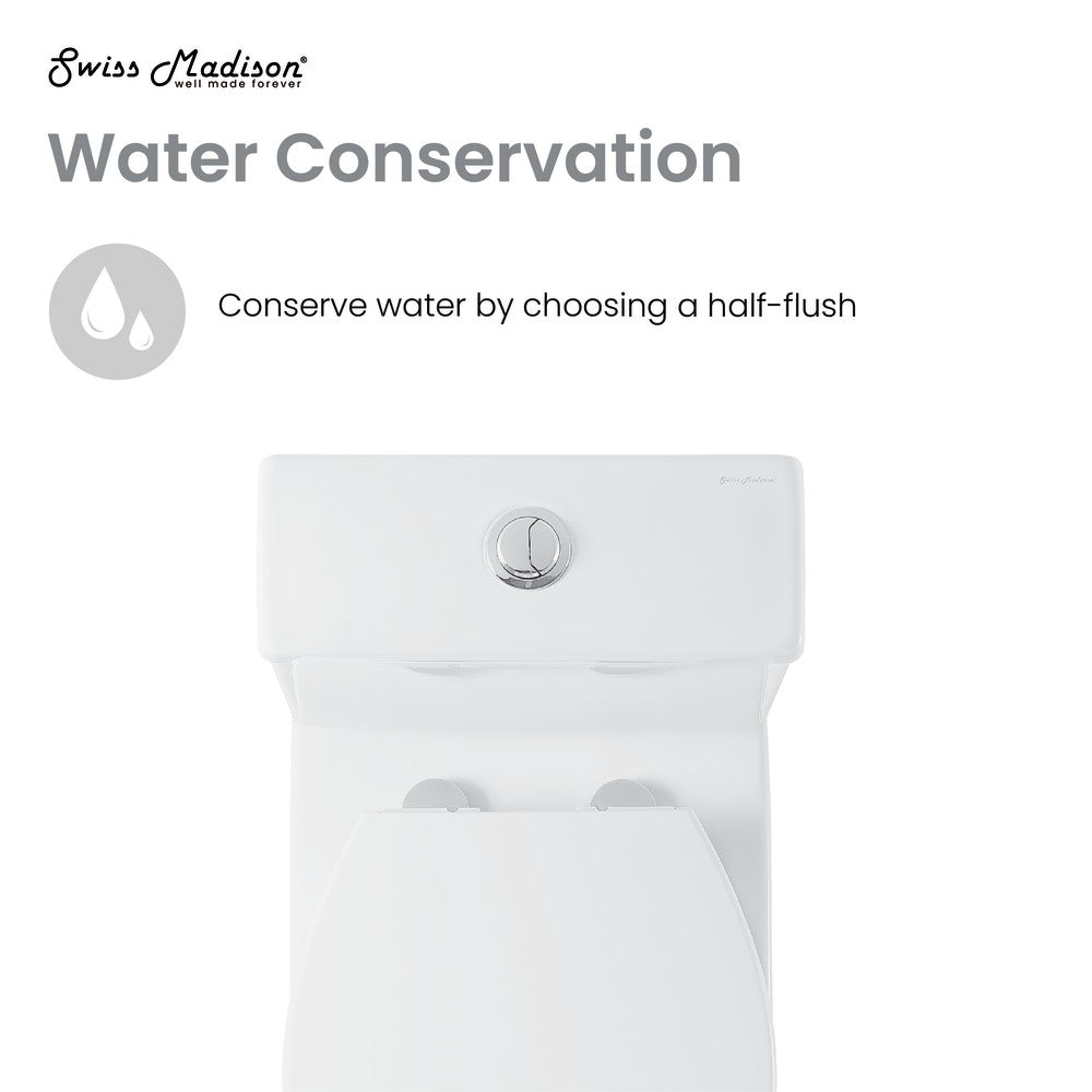 Round two-piece toilet with dual flush button, compact design, white ceramic.