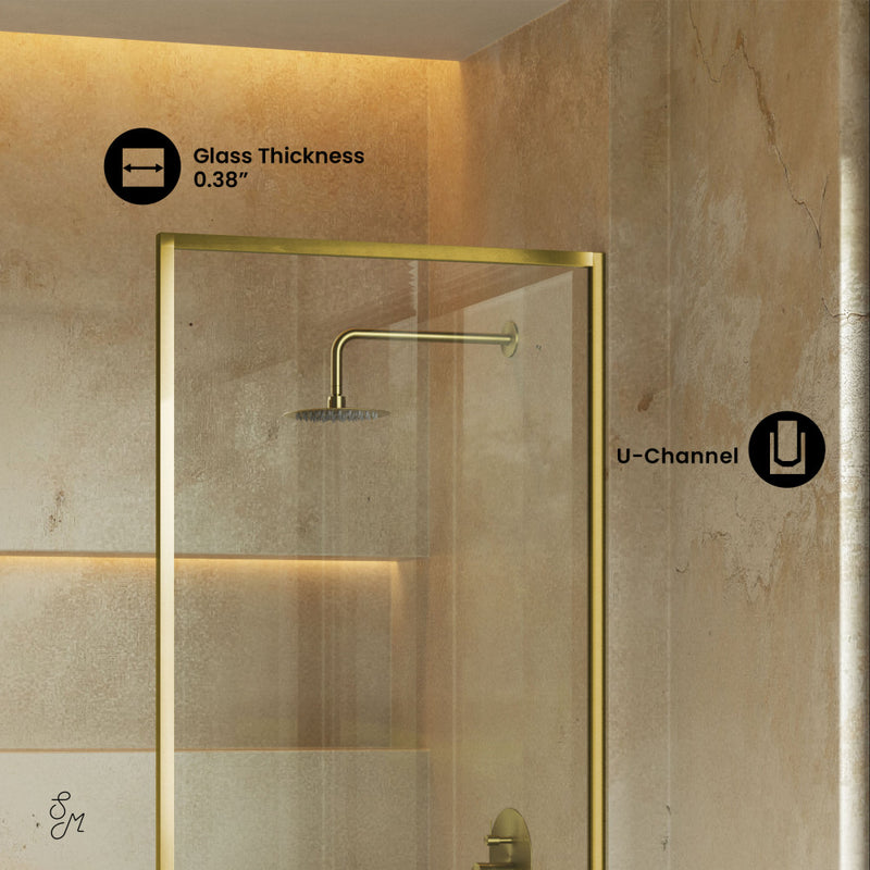 Pierre 34 x 58 Framed Fixed 3/8 in. (10mm) Clear Tempered Glass Tub Door with Brushed Gold Frame