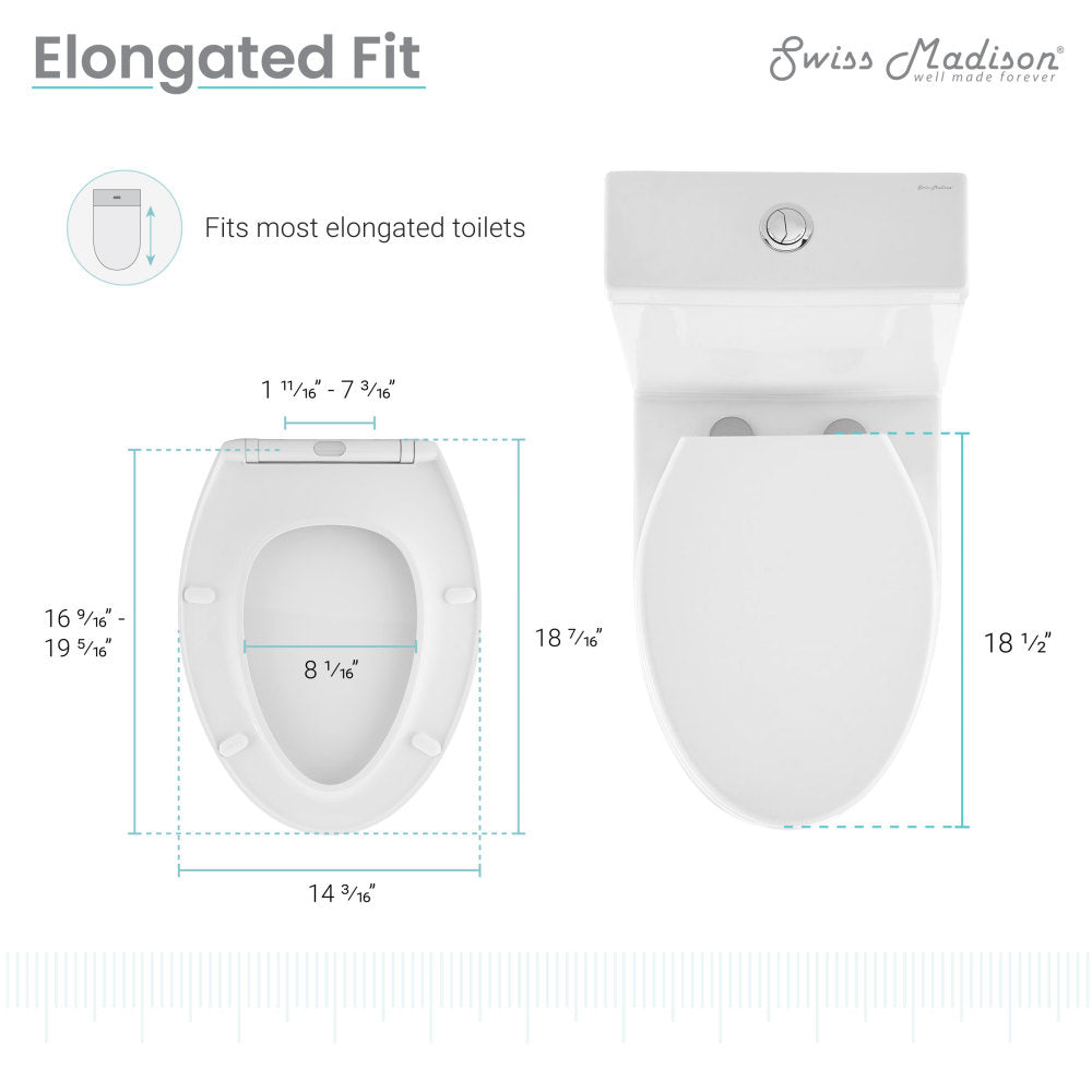 Elongated toilet seat with quick-release, night light, white plastic, fits most elongated toilets.
