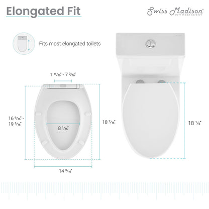 Elongated toilet seat with quick-release, night light, white plastic, fits most elongated toilets.