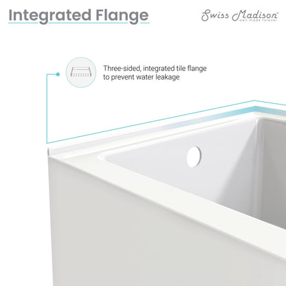 Alcove skirted soaking bathtub 60 x 30 inch, glossy white, left drain, integrated flange to prevent water leakage.