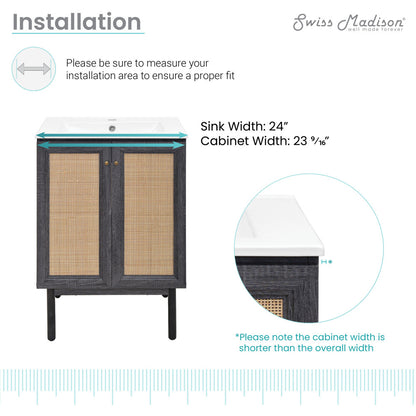 24-inch freestanding bathroom vanity in black oak with sink top and two soft-close doors.