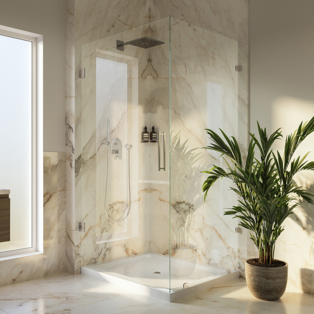 Voltaire 60" x 32" Double-Threshold Left Corner Shower Pan Base with Center Drain in Glossy White