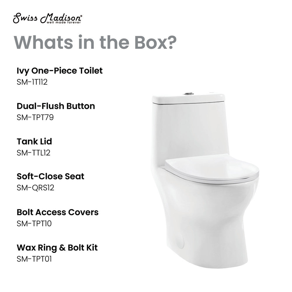 Elongated one-piece toilet with dual-flush button and soft-close seat in white porcelain.
