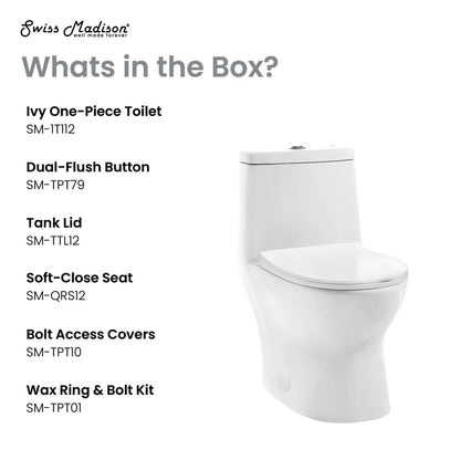 Elongated one-piece toilet with dual-flush button and soft-close seat in white porcelain.
