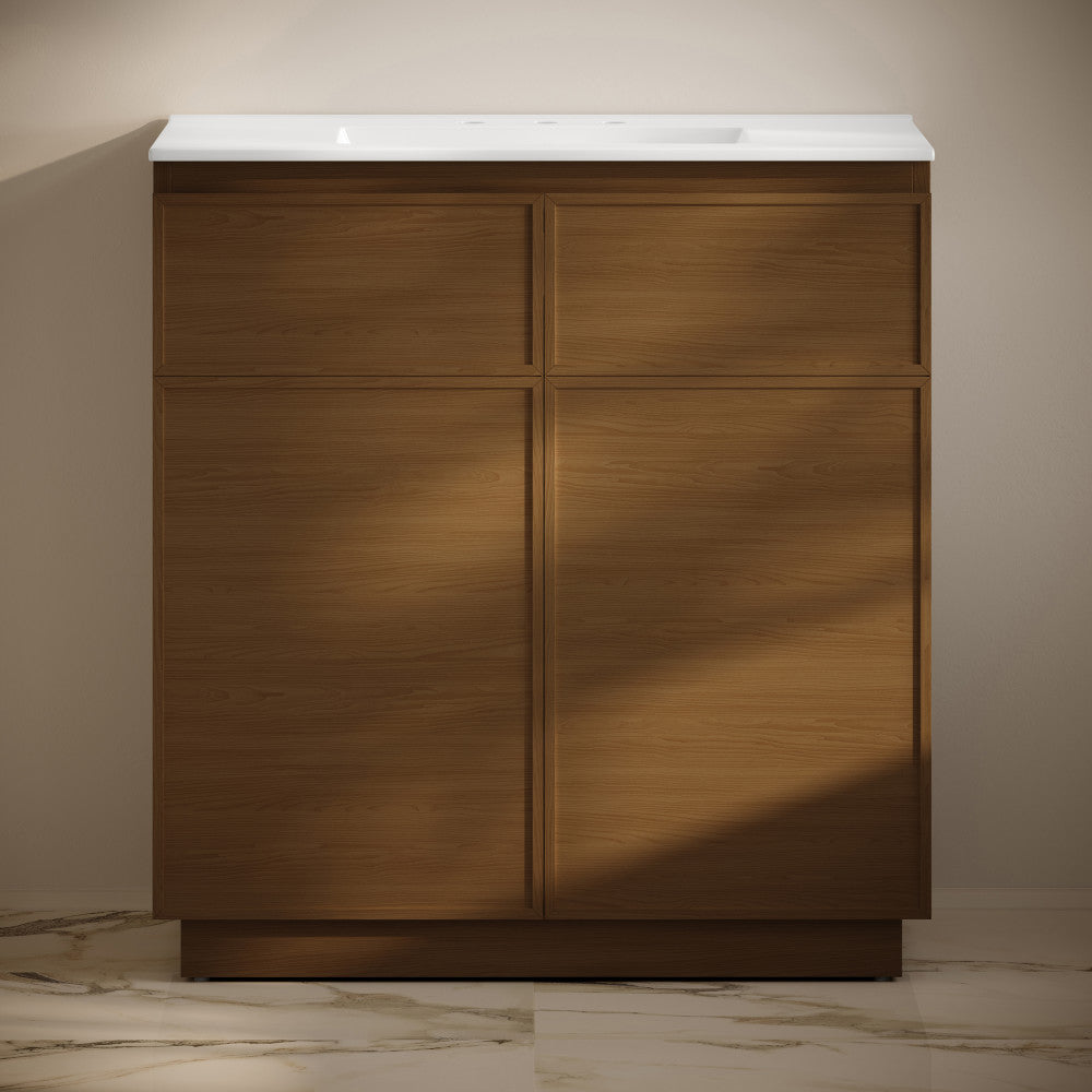 St. Tropez 36" Freestanding Bathroom Vanity in Brown Oak with 3-Hole Widespread Sink Top