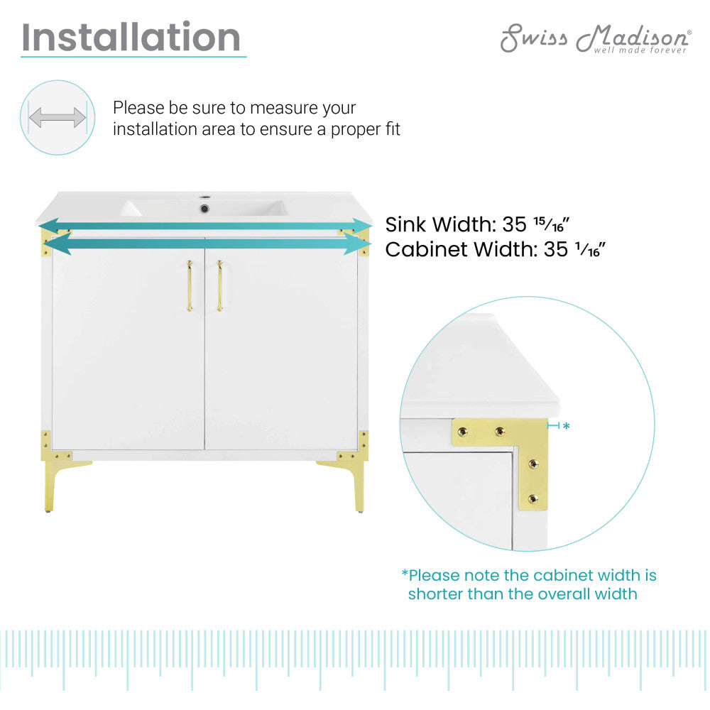 36-inch freestanding white bathroom vanity with single sink and gold-tone legs.