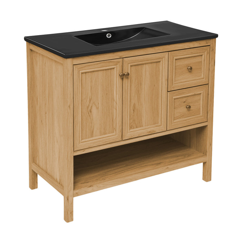 Chateau 36" Freestanding Bathroom Vanity in Golden Oak with Black Sink Top