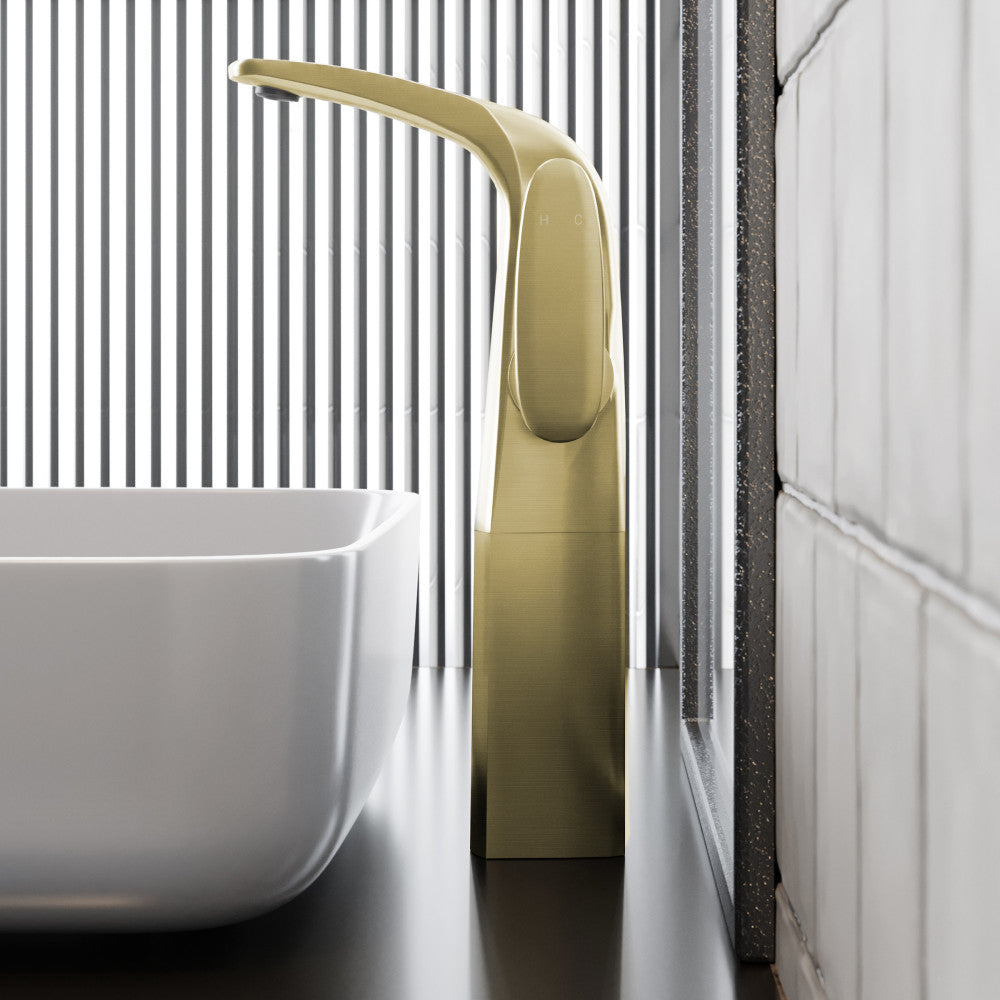 Single-handle high arc bathroom faucet in brushed gold with smooth curved spout design.