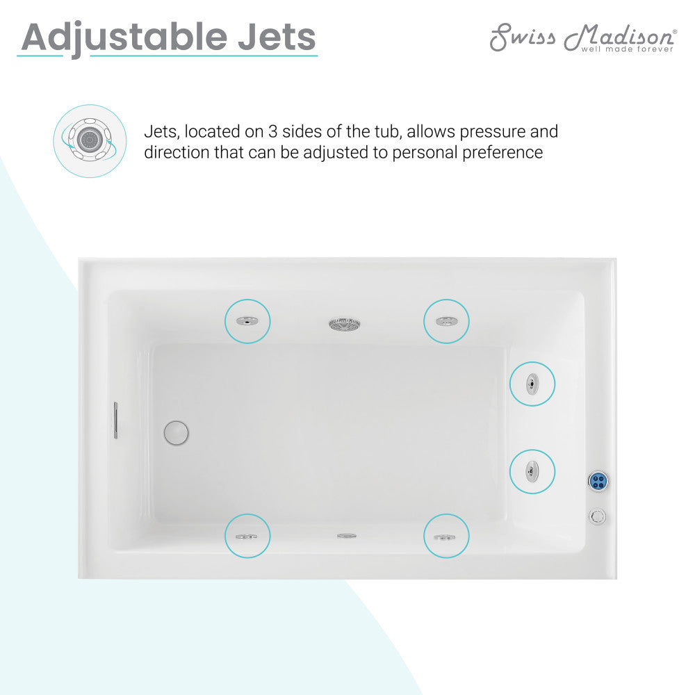 Rectangular alcove whirlpool bathtub 60x36 inch, left-hand drain, adjustable jets, apron front.