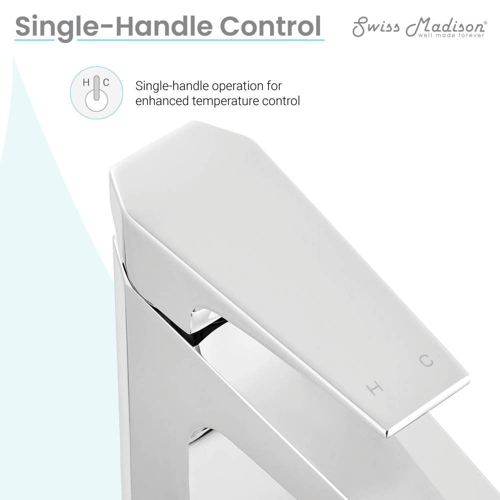 Single-handle high arc bathroom faucet in chrome with sleek angular spout and temperature control markings.