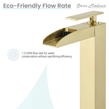 Single-handle bathroom faucet in brushed gold with high arc waterfall spout.