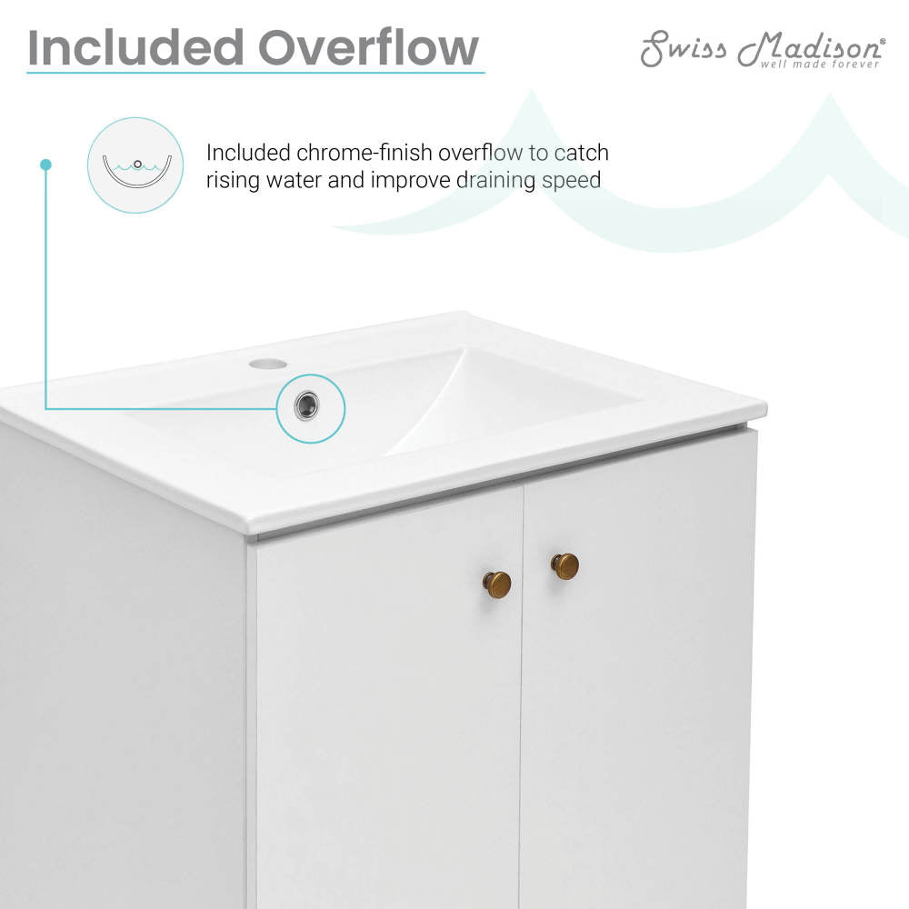 24-inch freestanding white bathroom vanity with single sink and two-door storage cabinet.