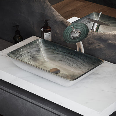 Cascade Rectangular Glass Vessel Sink with Faucet, Smoky Gray