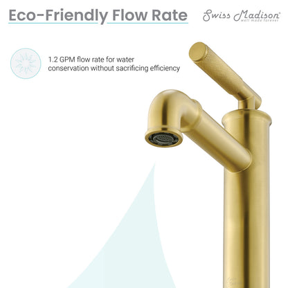 Single-handle bathroom faucet in brushed gold, sleek cylindrical spout and lever handle.