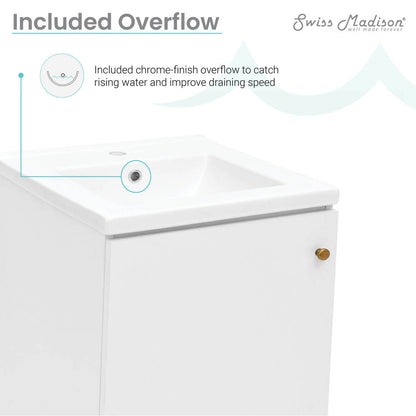 18-inch freestanding white bathroom vanity, soft-close door, single sink cutout, brass knob.