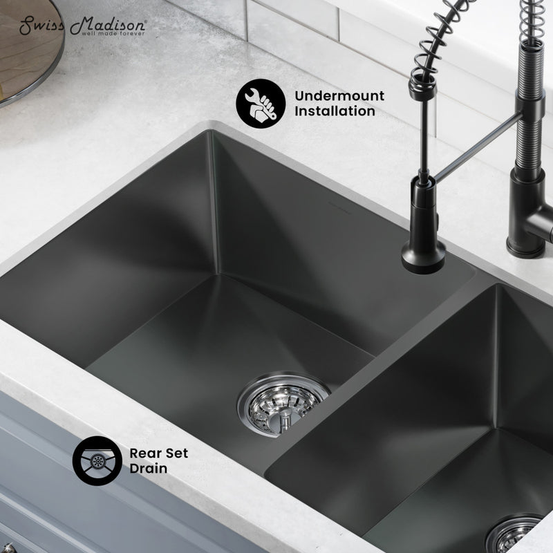 Rivage 33 x 20 Stainless Steel, Dual Basin, Undermount Kitchen Sink in Black