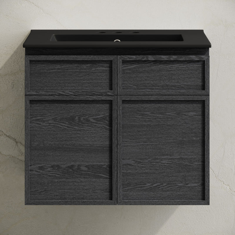 St. Tropez 24" Wall-Mounted Bathroom Vanity in Black Oak with Black 3-Hole Centerset Sink Top
