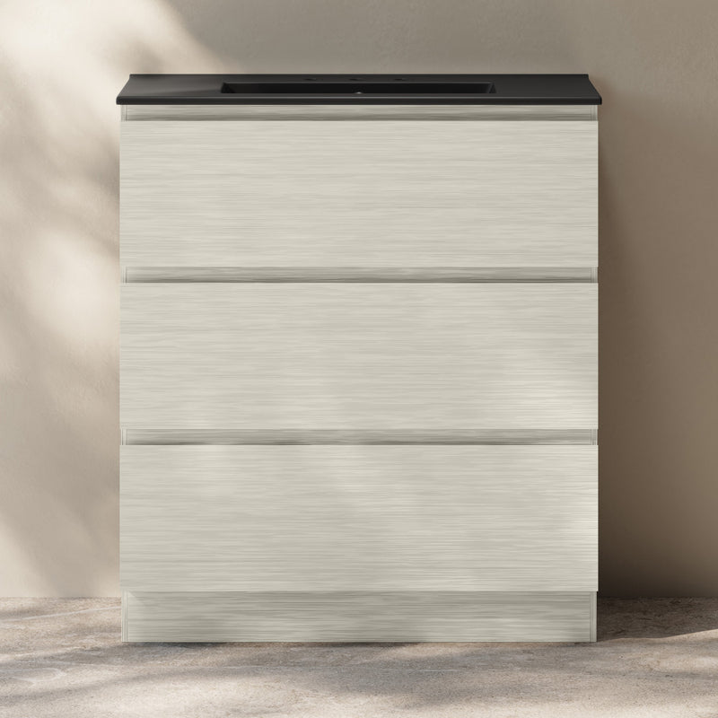 Liberte 30" Freestanding Bathroom Vanity in White Oak with Black 3-Hole Widespread Sink Top