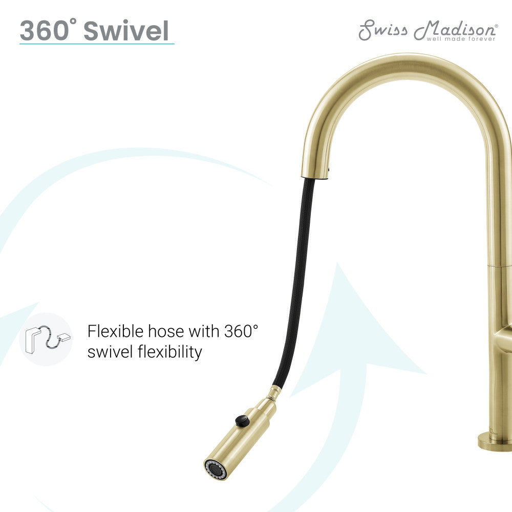 Single handle pull-down kitchen faucet in brushed gold with flexible hose and 360° swivel.