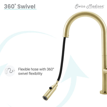 Single handle pull-down kitchen faucet in brushed gold with flexible hose and 360° swivel.