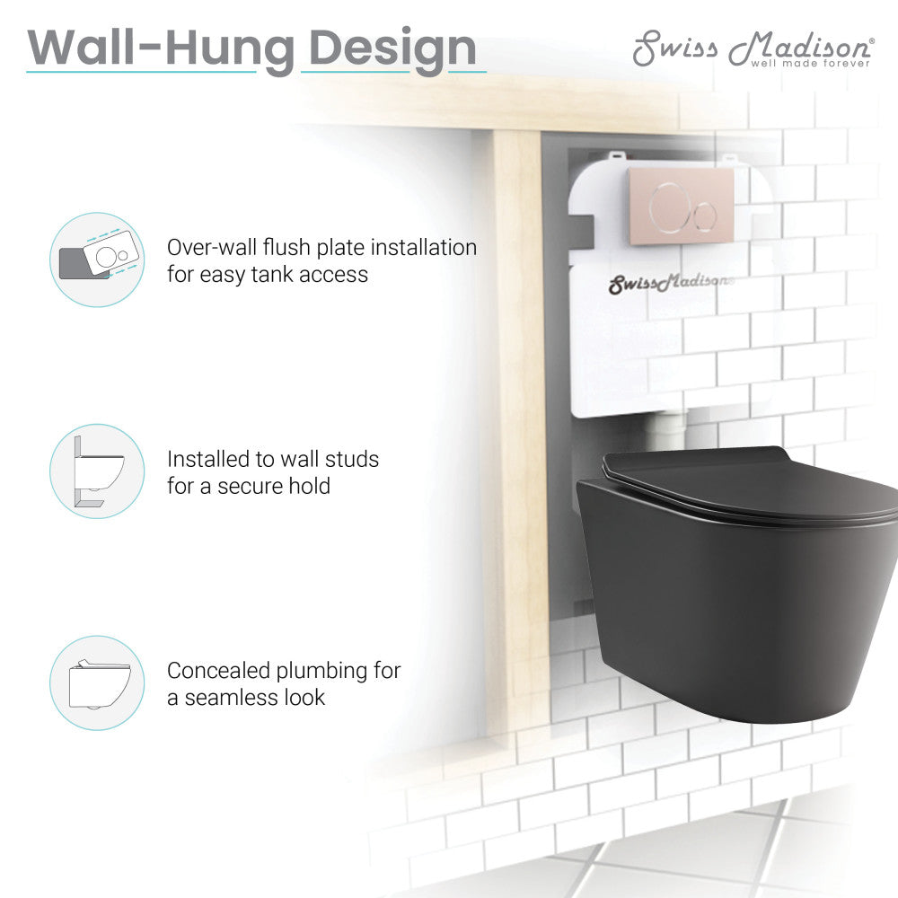 Round wall-hung toilet bowl in matte black with concealed plumbing and over-wall flush plate installation.