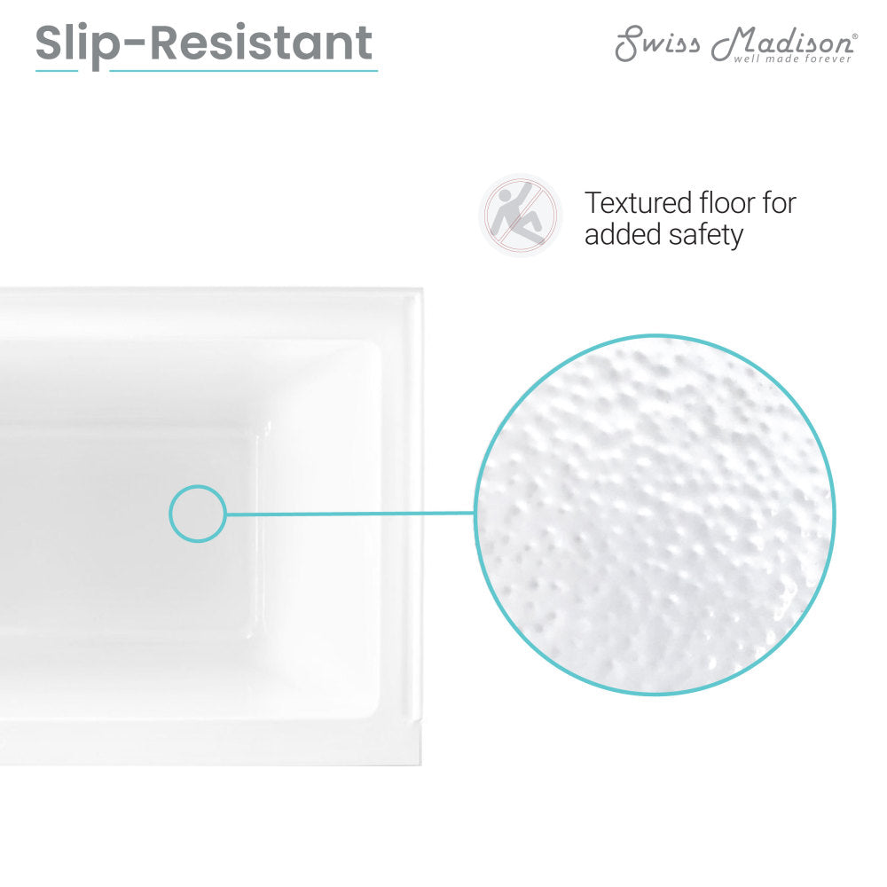 Alcove soaking bathtub 48 x 32 inch, right-hand drain, textured slip-resistant floor.