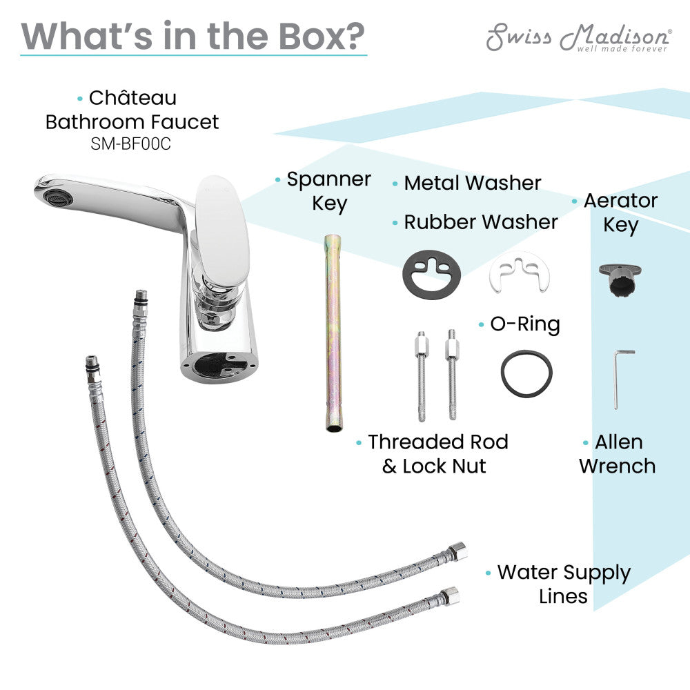 Single-handle chrome bathroom faucet with spout, aerator key, water supply lines, and installation tools.