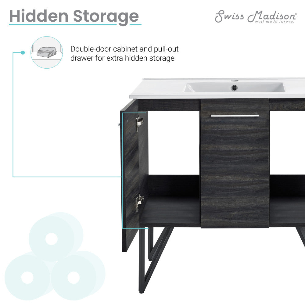 36-inch freestanding bathroom vanity in black walnut with soft-close doors and white sink top.