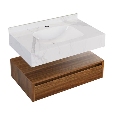 Avancer 36" Wall-Mounted Bathroom Vanity in Brown Oak with White Marble Sink Top