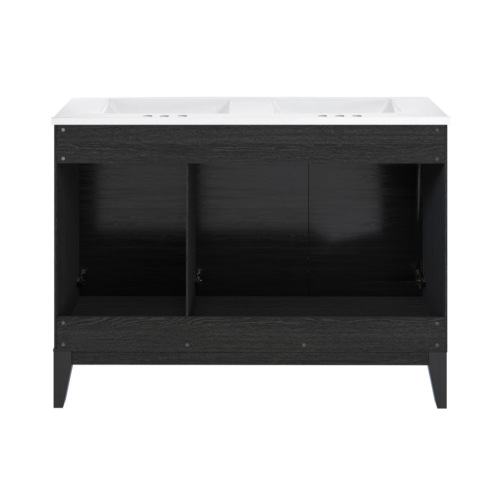 Cascade 48 in. Black Oak, Double Basin Bathroom Vanity With White, 3-Hole Centerset Ceramic Sink Top