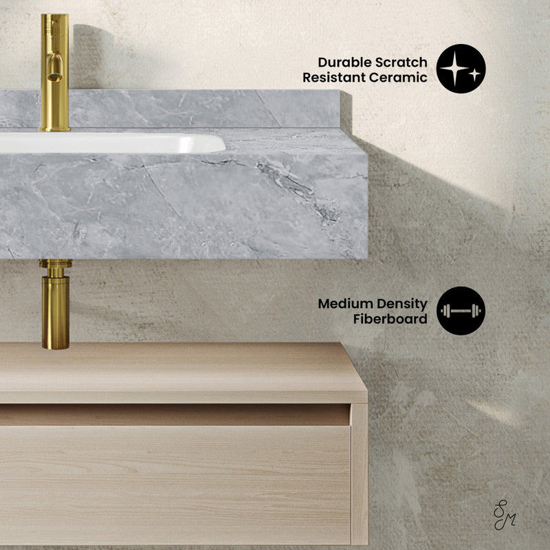 Avancer 36" Wall-Mounted Bathroom Vanity in White Oak with Storm Gray Sink Top