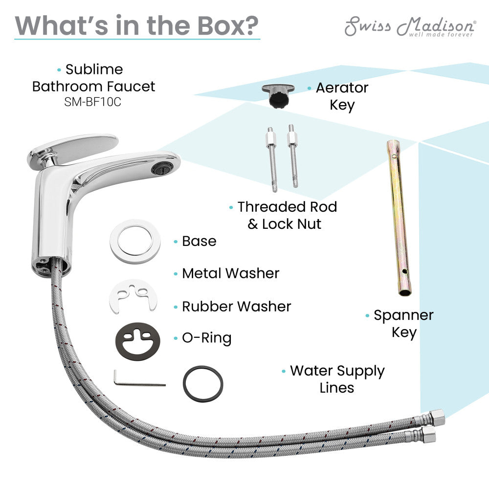 Single-handle bathroom faucet in chrome with flexible braided water supply hose and round base.