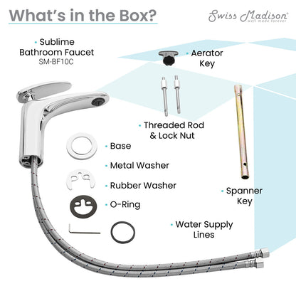 Single-handle bathroom faucet in chrome with flexible braided water supply hose and round base.