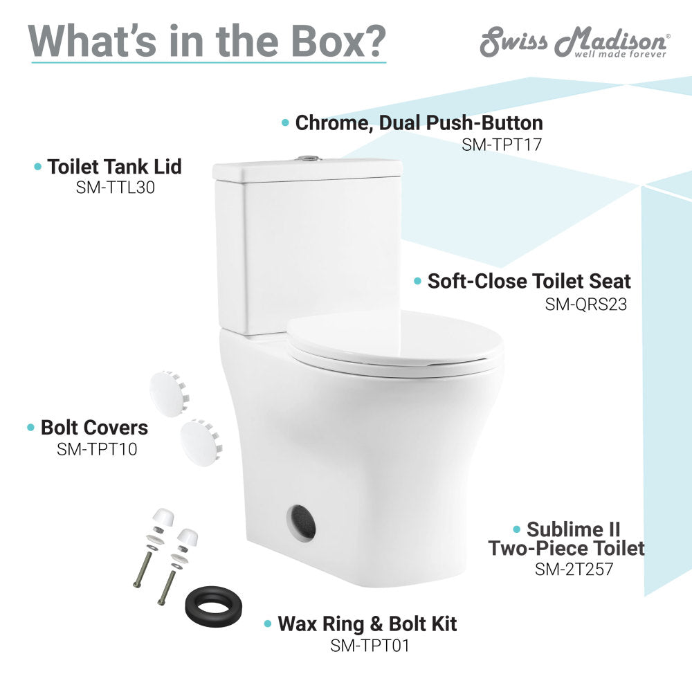 Round two-piece toilet in white with dual-flush buttons and soft-close seat.