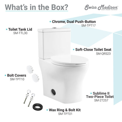 Round two-piece toilet in white with dual-flush buttons and soft-close seat.