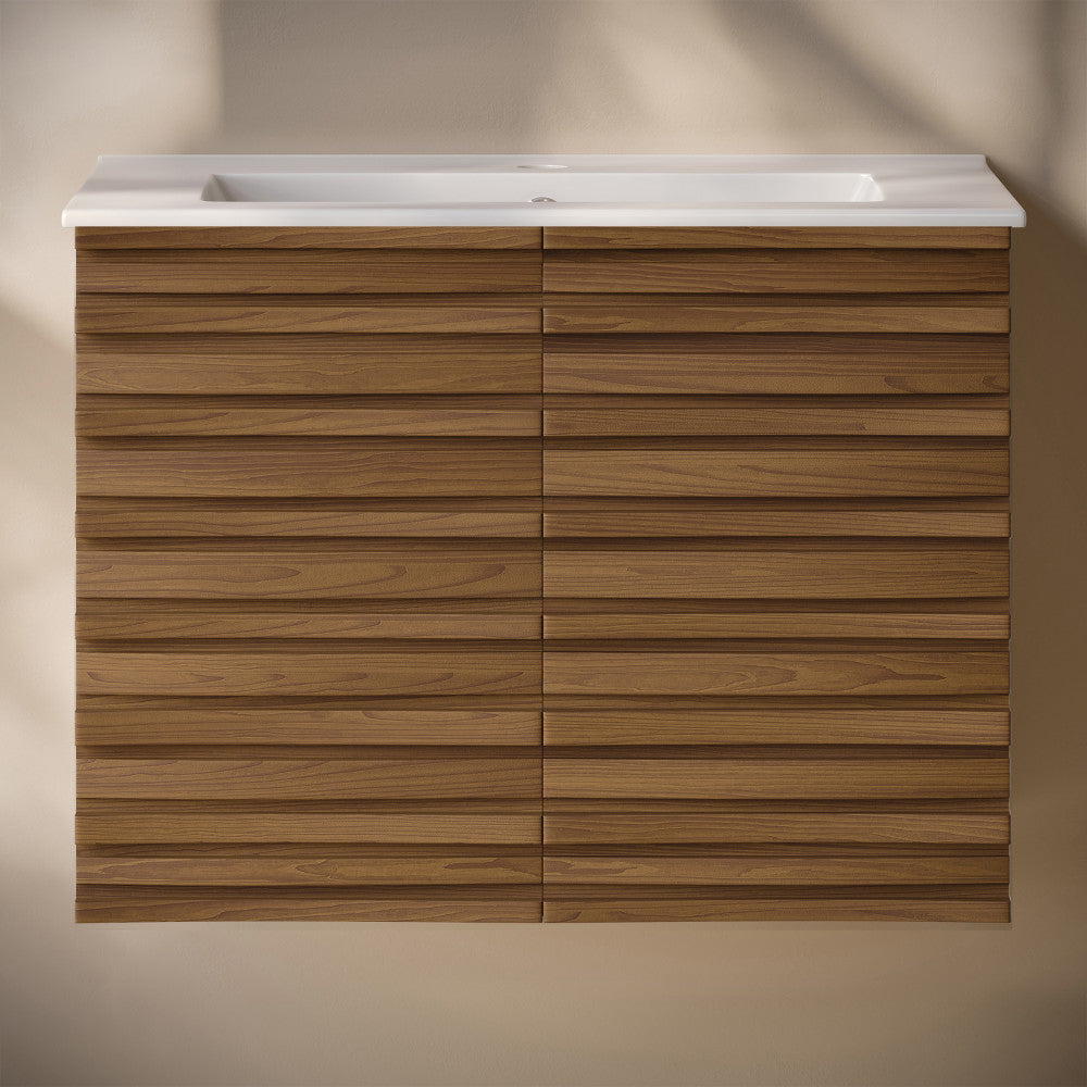 Cascade 30" Wall-Mounted Bathroom Vanity in Brown Oak with Sink Top