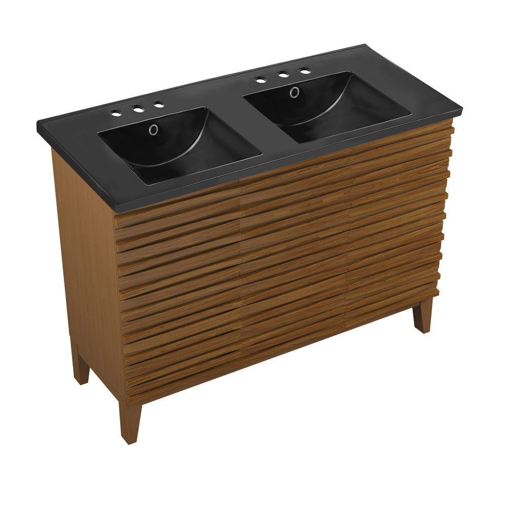 Cascade 48 in. Brown Oak, Double Basin Bathroom Vanity With Black, 3-Hole Centerset Ceramic Sink Top