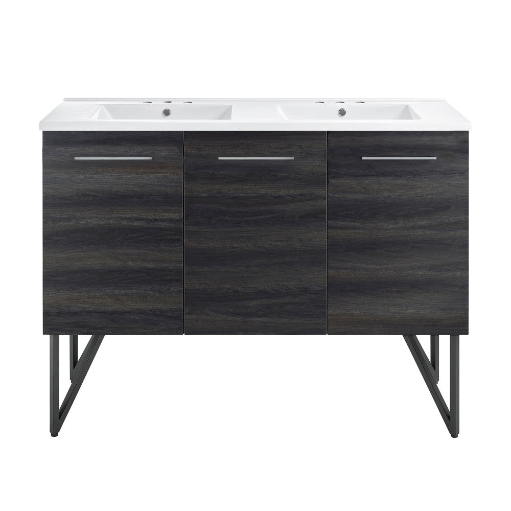 Annecy 48 in. Black Walnut, Double Basin Bathroom Vanity With White, 3-Hole Centerset Ceramic Sink Top