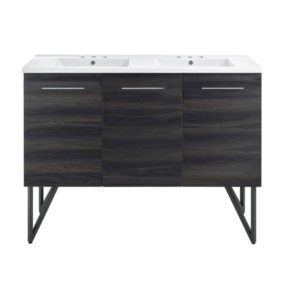 Annecy 48 in. Black Walnut, Double Basin Bathroom Vanity With White, 3-Hole Centerset Ceramic Sink Top