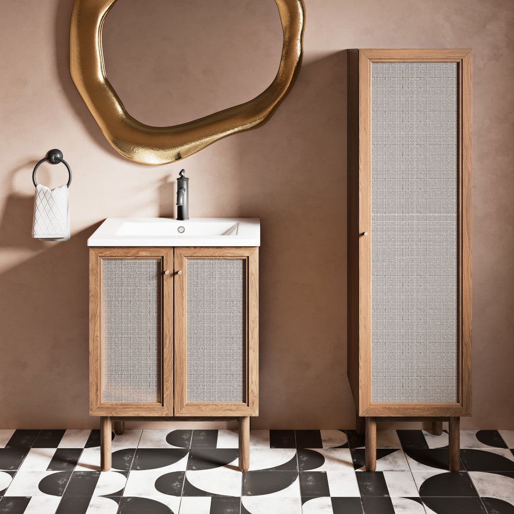 15.5x15x60-inch freestanding linen cabinet in Toppan Oak with woven front panels, matching vanity with white sink.
