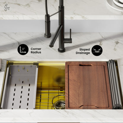 Tourner 30 x 19 Stainless Steel, Single Basin, Undermount Kitchen Workstation Sink in Gold