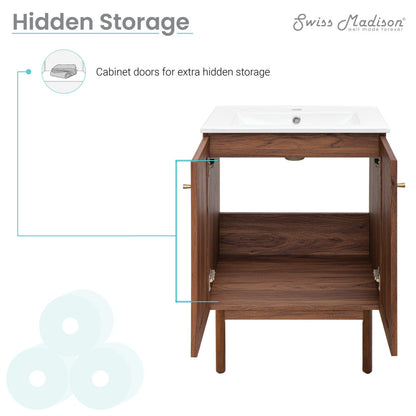 24-inch freestanding bathroom vanity in brown oak with single sink and hidden cabinet storage.