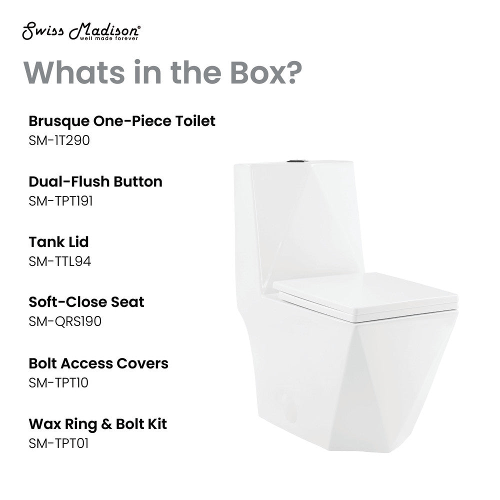 Elongated one-piece toilet in white with dual-flush button and soft-close seat.
